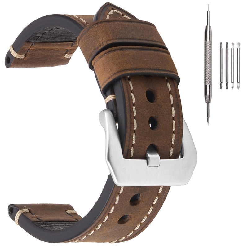 EACHE Mens Watch Band, 20mm Crazy Horse Genuine Leather Handmade Watchband,Watch Straps in Dark Brown-Silver Hardware - Image 1